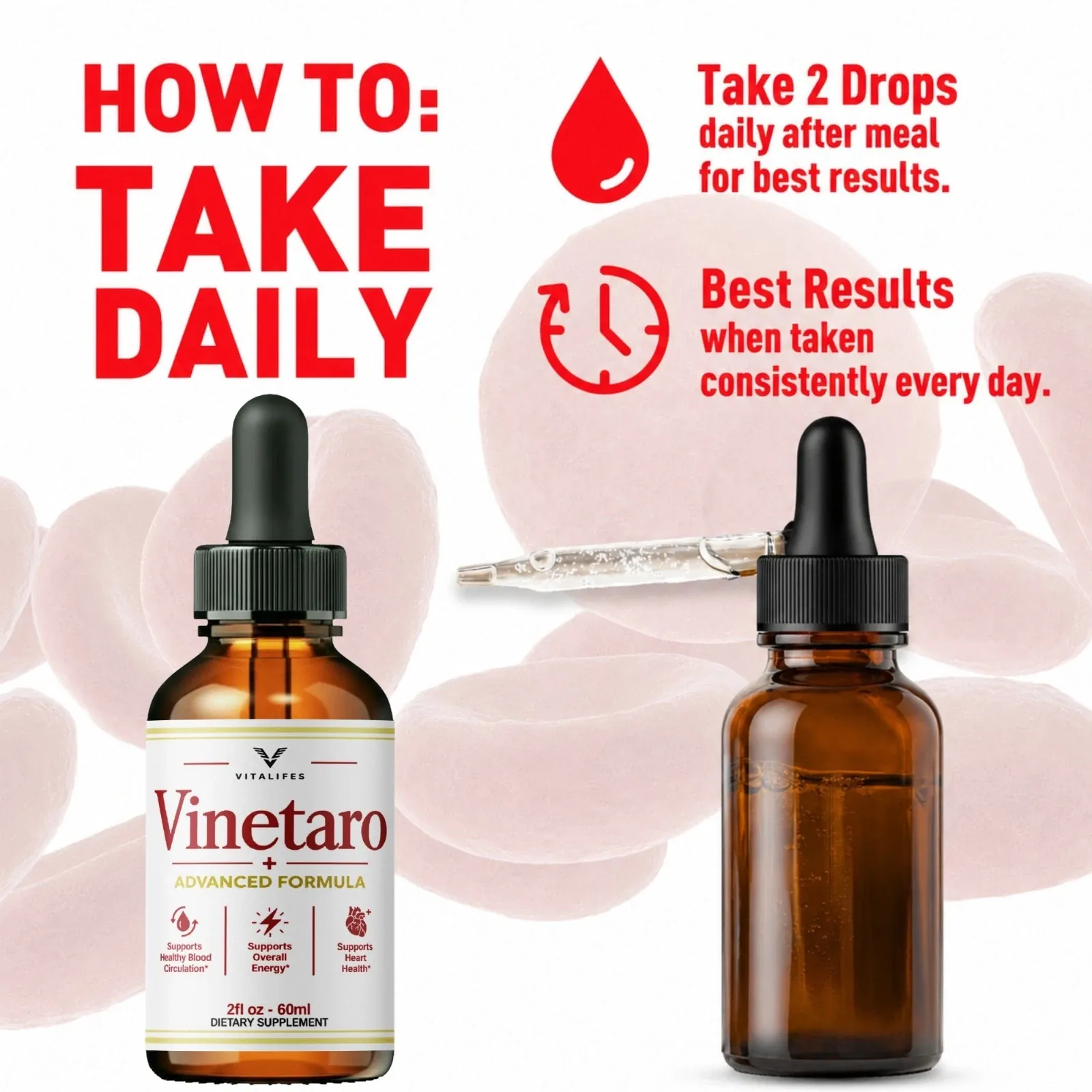 The seller’s HOW TO: TAKE DAILY graphic for Vinetaro Drops