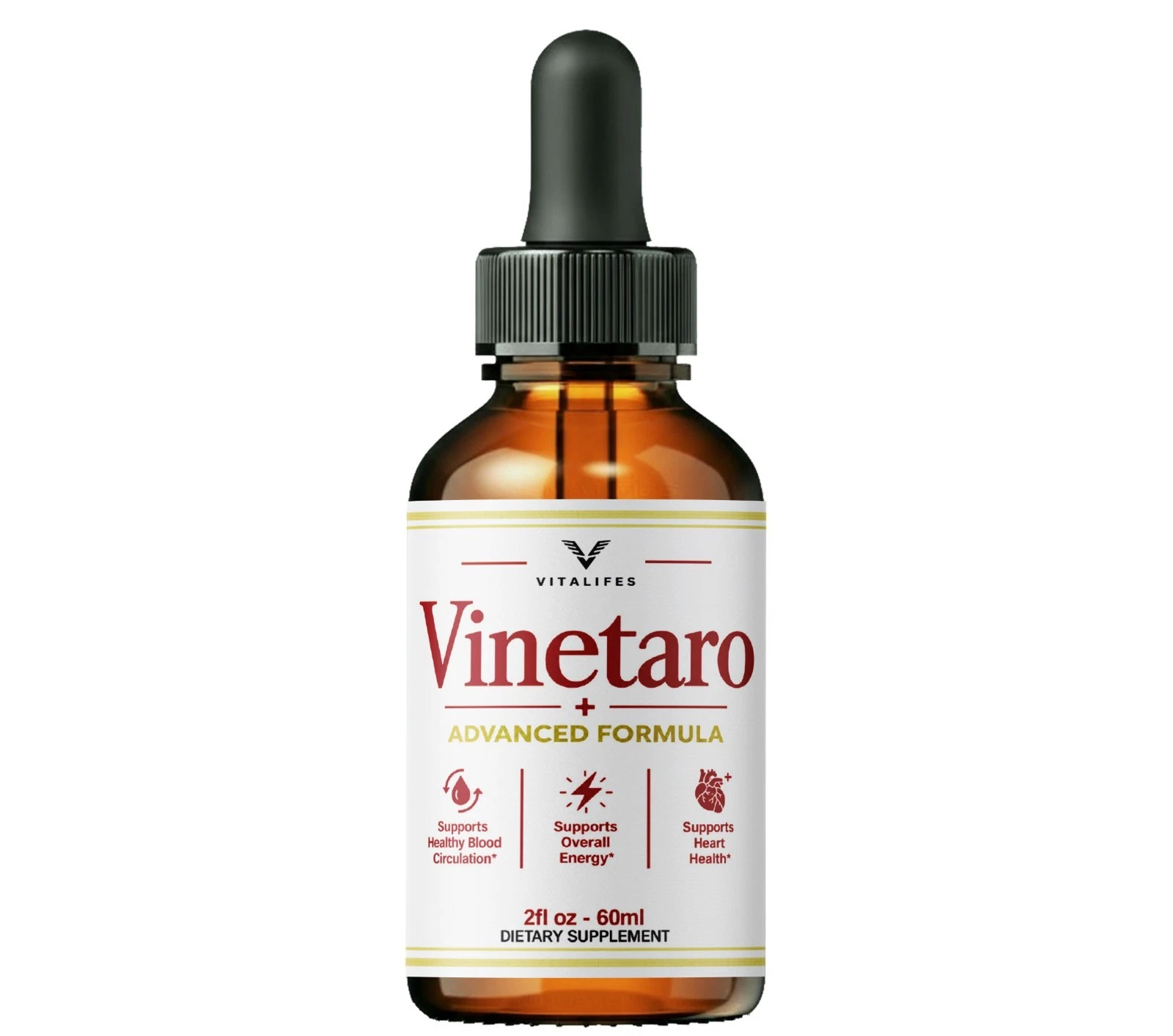 A single Vinetaro Drops amber glass dropper bottle, front label